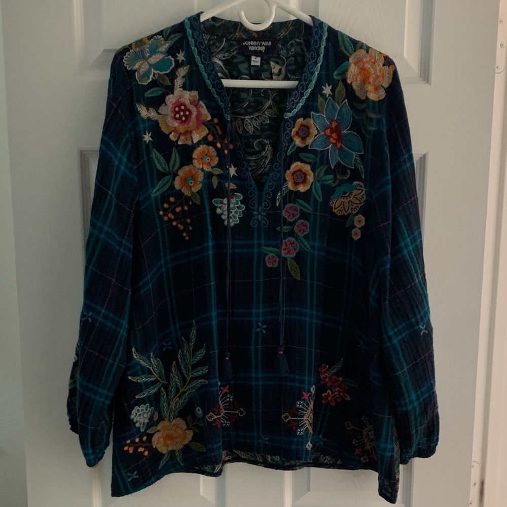 Johnny Was Workshop Navy Plaid Blouse with Floral Embroidery